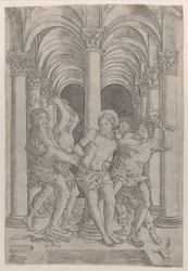 Kristuksen liputus, joka on sidottu keskellä olevaan pylvääseen, joka on asetettu pelihalliin, 1509, 1509.
