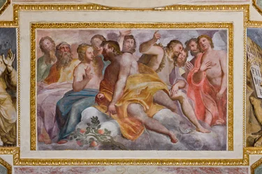 Genova, Duomo (Pyhän Laurentiuksen katedraali), sisällä, Lercari-kappeli tai Siunatun Sakramentin kappeli (pohjoinen apsidi), holvi: "Vanhan testamentin vanhurskas", fresko Giovanni Battista Castello tunnetaan nimellä Bergamasco