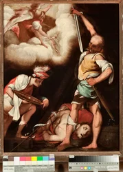 Pyhän Johannes Kastajan dekolaatio Mies yrittää nostaa pyhän pään ja laittaa sen tasangolle (Johannes Kastajan pään mestaus) Il Ceranon (Giovan Battista Crespi) maalaus (1567/8-1632), Genes, Musei di Strada Nuova (inv n. PB 2812)