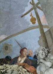 Omakuvassa on uupunut, paljon vanhentunut Tiepolo, joka kumartuu kulmakartongin yli... (fresko).