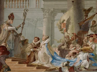 Keisari Friedrich Barbarossan ja Burgundin Beatrixin hääseremonia vuonna 1156 ... (fresko)