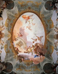 Al·legoria del mèrit acompanyat de noblesa i virtut, de Giambattista Tiepolo (1696-1770). Sostre de la Sala del Tron, Ca 