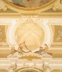 Yksityiskohta Giambattista Tiepolon (1696-1770) kattofreskoista Villa Pisanin juhlasalissa Strassa, Venetsiassa