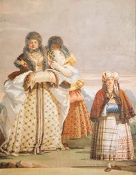 Talvikävely, Giambattista Tiepolo (1696-1770), fresko, yksityiskohta, Goottilainen huone, Villa Valmarana ai Nanin vieraskortteli, Vicenza, Italia