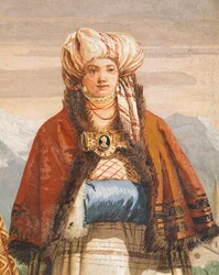 Talvikävely, Giambattista Tiepolo (1696-1770), fresko, yksityiskohta, Goottilainen huone, Villa Valmarana ai Nanin vieraskortteli, Vicenza, Italia