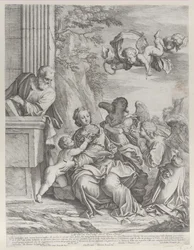Pyhä perhe enkeleillä oikealla ja yläpuolella, 1652.
