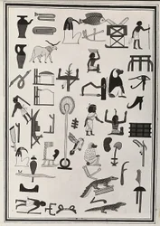 Piirustukset farao Psammetic I haudan sisältä olevista koristeista, Giovanni Battista Belzonin vuonna 1817 jäljentämä, Lontoon British Museumissa