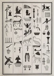 Piirustukset farao Psammetic I:n haudan sisältä olevista koristeista, Giovanni Battista Belzonin vuonna 1817 jäljentämä, Lontoon British Museumissa
