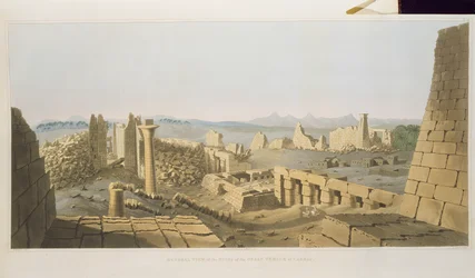 Yleisnäkymä Carnacin suuren temppelin raunioista, jotka G. Belzoni löysi Egyptin ja Nubian tutkimusta kuvaavista levyistä, kaiverrettu Charles Hullmandel (1789-1850) 1820 (litho)