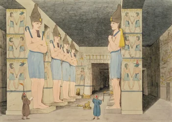 Näkymä temppelin sisäpuolelta Ybsombulissa, Nubiassa, Giovanni Belzonin löytämä, Augustine Aglion (1777-1857) kaivertama levy 48 julkaisusta "Plates Illustrative of the Researches in Egypt and Nubia",