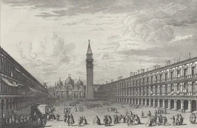 Piazza San Marco katselee kohti basilikaa ja Campanilea, 1763, 1763.