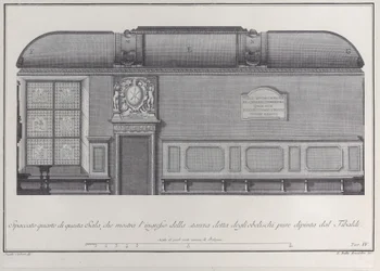 Levy 4: poikkileikkaus Bolognan instituutin salista, sisäänkäynti r..., 1756.