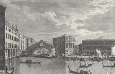 Rialton silta, Venetsia, veneitä ja gondoleja vedessä, 1763.