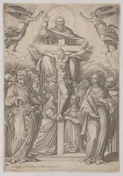 Kolminaisuus, ristiinnaulitseminen keskellä ja pyhät molemmilla puolilla, 1586.