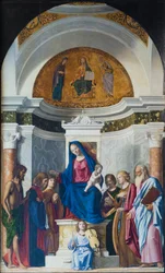 Kruunattu Madonna lapsen ja Johannes Kastajan, Kosmasin ja Damianuksen kanssa, noin 1507 (öljy puulle).