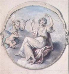 Venus sitoo hiuksensa seppeleellä, mukana Cupids