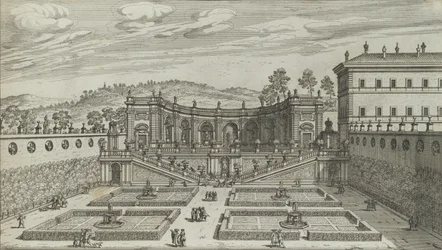 Toinen perspektiivinäkymä Mondragonen Teatro et Giardino Contigvosta Frasissa ..., 1691 tai sen jälkeen.