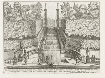 Cascade in de tuinen van de Villa Aldobrandini te Frascati Vesiputous Villa Aldobrandina di Belvederen teatterin yläpuolella Frascatissa (...) (otsikko esineessä) Frascatin huviloiden suihkulähteet (sarjan nimi) Fonteinen van Frascati (sarjan nimi)