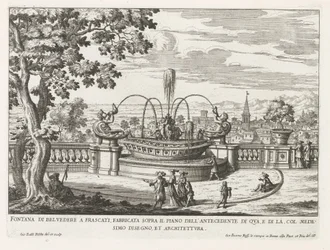 Fontein in de tuinen van de Villa Aldobrandini te Frascati Belvederen suihkulähde Frascatissa, rakennettu tämän puolen edeltäjän lattian yläpuolelle (...) (otsikko esineessä) Frascatin huviloiden suihkulähteet (sarjan nimi) Fonteinen van Frascati (sarjan n