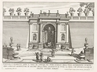 Fontein in de tuinen van de Villa Aldobrandini te Frascati Suihkulähde ja korkeus sypressikadun yläpuolella (...) (otsikko esineessä) Frascati-huviloiden suihkulähteet (sarjan nimi) Fonteinen van Frascati (sarjan nimi)