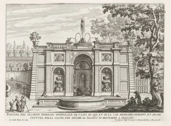 Fontein in de tuinen van de Villa Aldobrandini te Frascati Suihkulähde toisessa sisäänkäynnissä kaksinkertaistunut sivuilta (...) (otsikko esineessä) Frascatin huviloiden suihkulähteet (sarjan nimi) Fonteinen van Frascati (sarjan nimi)