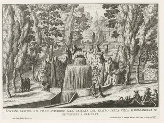 Fontein in de tuinen van de Villa Aldobrandini te Frascati Maalaismainen suihkulähde teatterin vesiputouksen yläkerrassa (...) (otsikko esineessä) Frascatin huviloiden suihkulähteet (sarjan nimi) Fonteinen van Frascati (sarjan nimi)