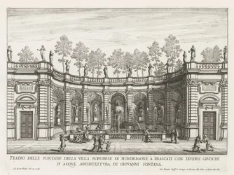 Fontein in de tuinen van de Villa Mondragone te Frascati Mondragonen Villa Borghesen suihkulähteiden teatteri Frascatissa (...) (otsikko esineessä) Frascati-huviloiden suihkulähteet (sarjan nimi) Fonteinen van Frascati (sarjan nimi)