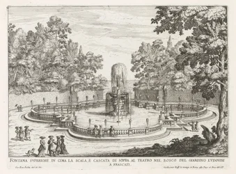 Fontein in de tuinen van de Villa Torlonia te Frascati Ylempi suihkulähde portaiden yläosassa ja vesiputous teatterin yläpuolella (...) (otsikko esineessä) Frascati-huviloiden suihkulähteet (sarjan nimi) Fonteinen van Frascati (sarjan nimi)