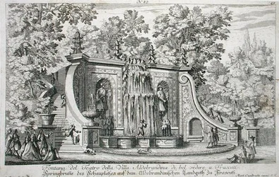 Teatterin suihkulähde Villa Aldobrandinassa, Frascati, n. 1675, Le Fontanesta, julkaistu ennen vuotta 1687 (kaiverrus)