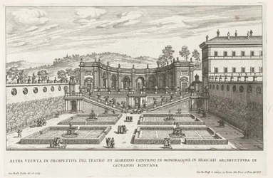 Tuinen van de Villa Mondragone te Frascati Toinen perspektiivinäkymä teatterista ja sen vieressä olevasta puutarhasta (...) (otsikko esineessä) Frascati-huviloiden suihkulähteet (sarjan nimi) Fonteinen van Frascati (sarjan nimi)