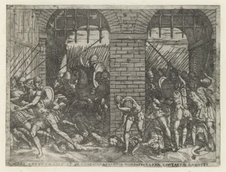Romeinse soldaten vallen Crustumerium binnen Crustumenin uhri (...) riistetty hänen kansalaisuutensa (nimike esineessä) Leven van Romulus en Remus (sarjan nimi)