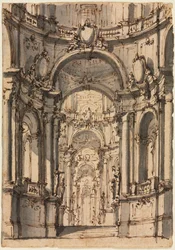 Suunnittelu näyttämösarjalle: Arcade-palatsin sisustus, 1700-luvun puoliväli.