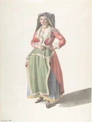 Nuori nainen seisomassa perinteisessä napolilaisessa mekossa, n. 1775-1821.