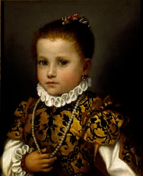 Pienen tytön muotokuva Pieni tyttö, joka on pukeutunut runsaasti brokadipukuun, hänellä on helmikaulakoru ja mansikkakaulus. Giovan Battista Moronin maalaus (noin 1529-1578)