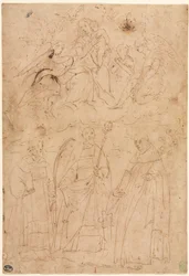 Madonna ja lapsi kunniassa kolmen pyhän yläpuolella, n. 1570.