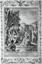 Armida Goffredon edessä, kaiverrus, Giovanni Battista Piazzetta (1683-1754) Canto III of Jerusalem Toimitettu, Torquato Tasso (1544-1595), julkaisija Giovanni Battista Albrizzi, Venetsia, Italia