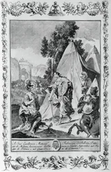 Crusaders at Siege of Jerusalem, kaiverrus, Giovanni Battista Piazzetta (1683-1754) Canto III of Jerusalem Toimitettu, Torquato Tasso (1544-1595), julkaisija Giovanni Battista Albrizzi, Venetsia, Italia