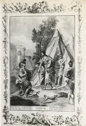 Vapautettu Jerusalem, laulu III, Giovanni Battista Piazzettan (1683-1754) kuvitus Torquato Tasson (1544-1595) runoelmaan, Venetsiassa vuonna 1745 julkaistu painos, Italia