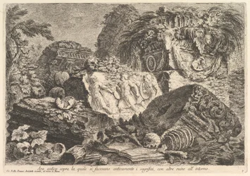 Muinainen alttari, jolla uhrattiin antiikin aikana, ympäröivät muut rauniot, n. 1750.