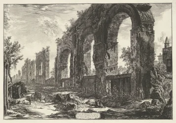 Aquaduct van Nero te Rome Neronin akveduktien jäännökset, jotka he halusivat tuhota vanhuuden vuoksi (...) (otsikko esineessä) Gezichten op Rome (sarjan nimi) Näkymät Roomaan suunnitellut ja kaivertanut Giambattista Piranesi arkkitehti Ve (nez) iano (ser)