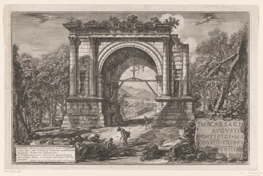 Boog van Augustus te Aosta Näkymä Augustuksen kunniaksi rakennetusta kaaresta lähellä Aostan kaupunkia Piemontessa, entinen Augusta Praetoria Salassorum (nimi esineessä) Enige gezichten op door Romeinen gebouwde triomfbogen en andere monumenten (sarja