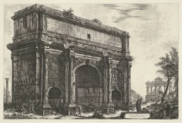 Boog van Septimius Severus Roomassa Näkymä Septimius Severuksen kaaresta (otsikko esineessä) Gezichten op Rome (sarjan nimi) Näkymät Roomaan suunnitellut ja kaivertanut Giambattista Piranesi arkkitehti Ve (nez) iano (sarjan nimi)