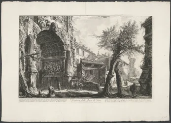 Boog van Titus te Roomassa Näkymä Tituksen kaaresta (otsikko esineessä) Gezichten op Rome (sarjan nimi) Näkymät Roomaan suunnitellut ja kaivertanut Giambattista Piranesi arkkitehti Ve (nez) iano (sarjan nimi)