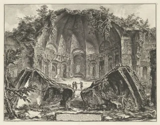 Canopus de Villa Adriana t ja Tivoli Jumalan Canopuksen temppelin jäänteet Villa Adrianassa Tivolissa (otsikko esineessä) Gezichten op Rome (sarjan nimi) Näkymät Roomaan suunnitellut ja kaivertanut Giambattista Piranesi arkkitehti Ve (nez) iano (sarjan nim