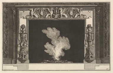Savupiippu: Syrjäytyneet griffonit kannassa ja kynttelikkö karmissa Ch. accomp..., ca. 1769.