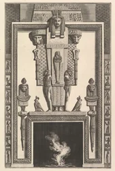 Egyptiläistyylinen savupiippu: muumio suuren karjatidin päällä linteen yläpuolella..., 1769.