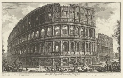 Rooman Colosseum Näkymä Flaviuksen amfiteatterille, joka tunnetaan nimellä Colosseum (otsikko esineessä) Gezichten op Rome (sarjan nimi) Näkymät Roomaan suunnitellut ja kaivertanut Giambattista Piranesi arkkitehti Ve (nez) iano (sarjan nimi)