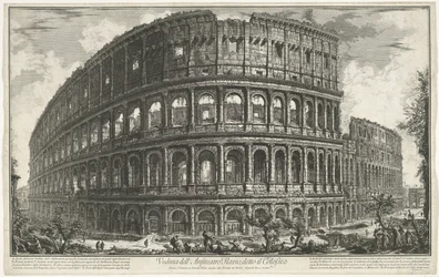 Rooman Colosseum Näkymä Flaviuksen amfiteatterille, joka tunnetaan nimellä Colosseum (otsikko esineessä) Gezichten op Rome (sarjan nimi) Näkymät Roomaan suunnitellut ja kaivertanut Giambattista Piranesi arkkitehti Ve (nez) iano (sarjan nimi)