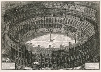 Colosseum lintuperspektiivistä (teoksesta: Vedute di Roma)
