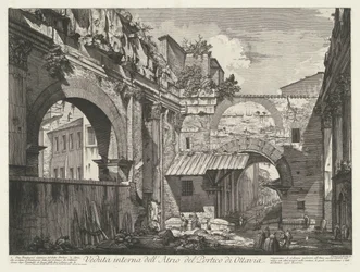 Interieur van de Porticus van Octavia te Rooma Sisäkuva Octavian portikon atriumista (otsikko esineessä) Gezichten op Rome (sarjan nimi) Näkymät Roomaan suunnitellut ja kaivertanut Giambattista Piranesi arkkitehti Ve (nez) iano (sarjan nimi)